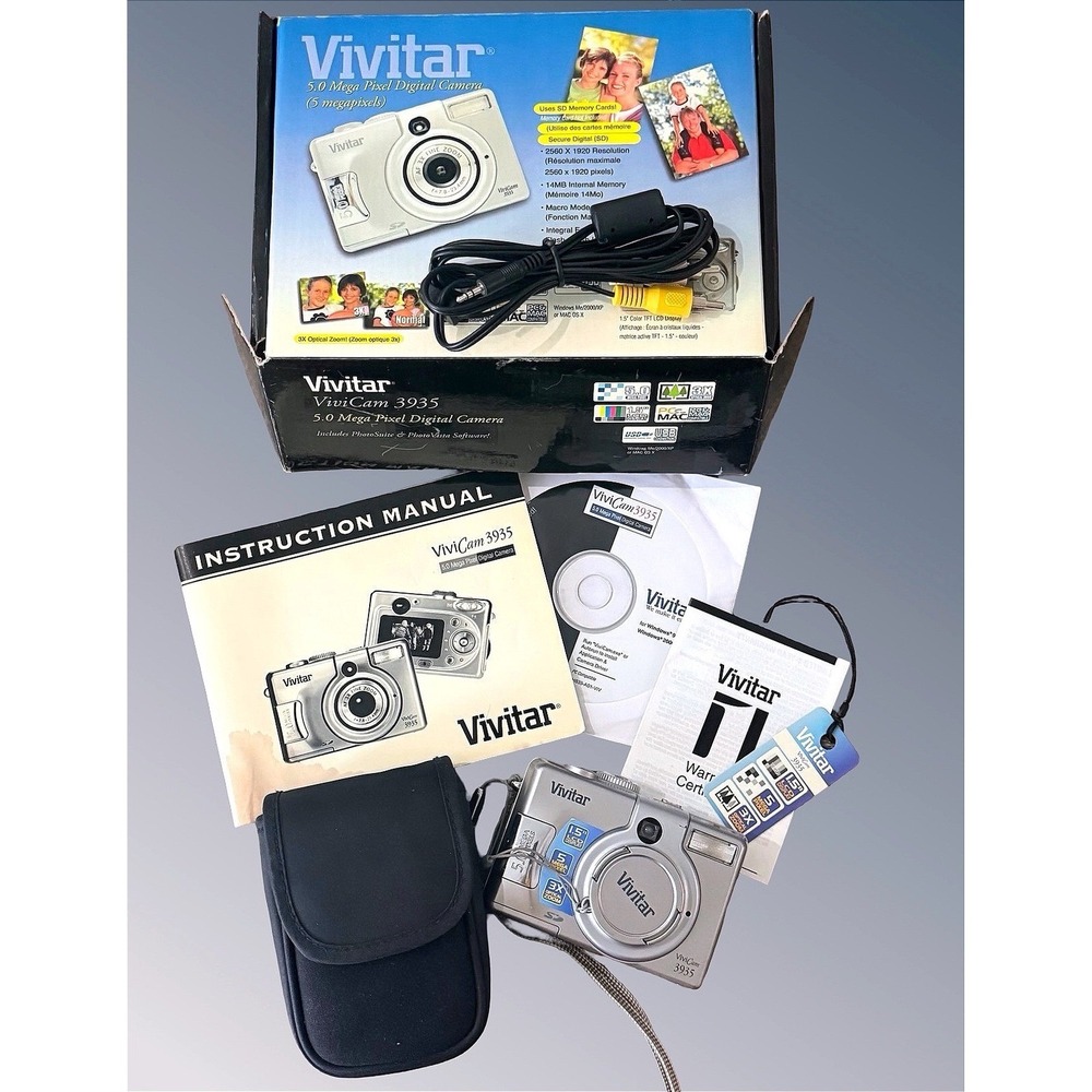 Vivitar ViviCam 3935 5.0MP Digital Camera Silver 3x Optical Zoom Y2K Bundle Box